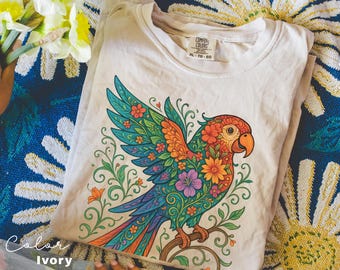 Gebloemd vogelshirt, shirt papegaai, dierenvriend T-shirt, vogel T-shirt, trendy T-shirt, cadeau voor haar, T-shirt vogelliefhebber, lente vogels, zomershirt