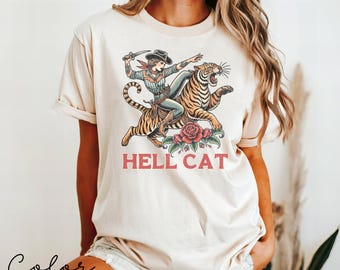 Retro Cowgirl Hell Cat T-Shirt, Retro Cowgirl Western Shirt, Aesthetic Tee, Tiger Shirt, Retro Rodeo Shirt, Country Western, Gift for Her,