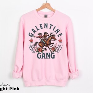 May include: Light pink sweatshirt with a graphic that reads "Galentine Gang" with two women riding a horse and holding guns. The graphic also includes roses, hearts, and the phrases "Ride or Die" and "Besties."