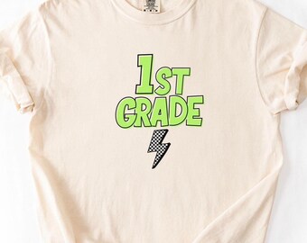 Comfort Colors Retro First Grade Teacher Shirt, Back to School 1st Grade Tee, Teacher Appreciation Gift, Teacher Group, Neon Checkered Shirt