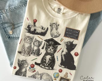 Retro Teacher Cat Kitten Shirt, Comfort Colors Tee, Cute Cat Elementary School Shirt, Teacher Team