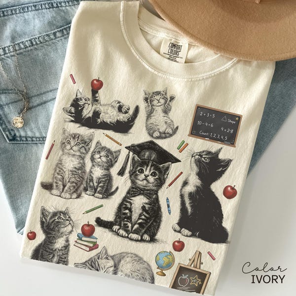 Retro Lehrer-Katzen-Kätzchen-Hemd, Komfortfarben-T-Stück, niedliches Katzen-Grundschul-Hemd, Lehrer-Team