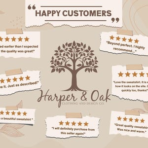 May include: A beige graphic featuring customer reviews for Harper & Oak Clothing and Design Co. The design includes torn paper notes with five-star ratings and customer quotes. A tree logo is centered.