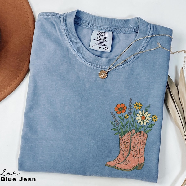 Cowgirl Boots Wildflowers Shirt, Retro Western Graphic Tee, Comfort Colors Country Girl T-Shirt, Rodeo Outfit, Gift for Her, Country Farm