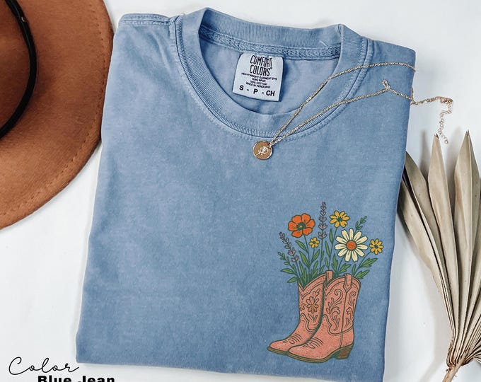 Cowgirl Boots Flower Shirt, Wild Retro Western Graphic Tee, Comfort Colors Country T-Shirt, Rodeo Outfit, Gift for Her, Country Farm