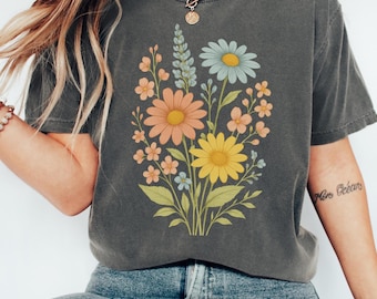 Zonnebloemshirt, T-shirt met comfortkleuren vintage bloemen, zomershirt met wilde bloemen, boho-T-shirt, botanisch shirt, zonnebloemliefhebber cadeaus voor haar