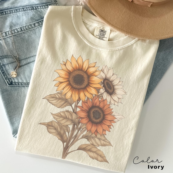 Sunflower Shirt, Comfort Colors Vintage Flowers Tshirt, Summer Wildflower Shirt,  Boho Tee, Botanical Shirt, Sunflower Lover Gifts For Her
