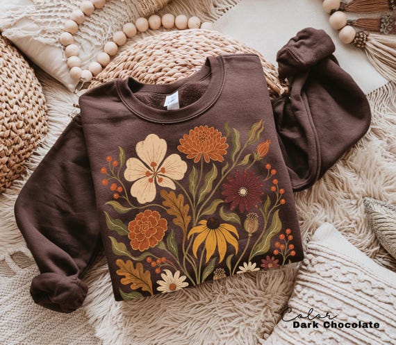 Autumn Floral Sweatshirt, Vintage Botanical Crewneck, Earth Tone Fall Pullover, Rustic Garden Lover Apparel