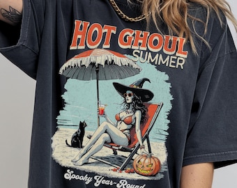 Maglietta estiva di Halloween con atmosfera da ghoul, t-shirt dai colori comodi, maglietta divertente per feste in spiaggia, vacanze spettrali, amanti dei film horror, Halloween estivo