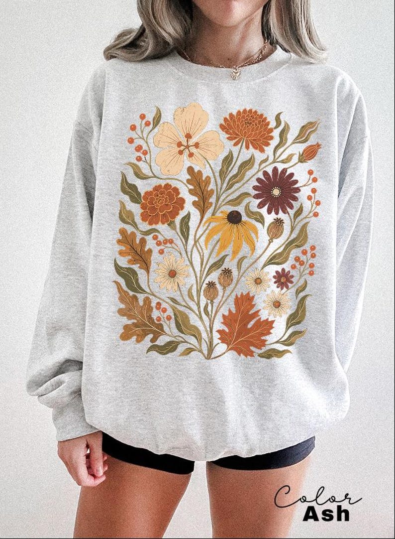 Sudadera floral otoñal, jersey vintage botánico de cuello redondo, jersey otoñal en tonos tierra, ropa rústica para amantes de la jardinería. Ash