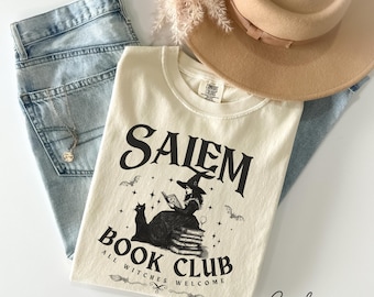 Retro Salem Book Club Shirt, Bookish Halloween Tee, Black Cat Spooky Book Lover Shirt, Salem Witches, Spooky Season Fall Bookish Things