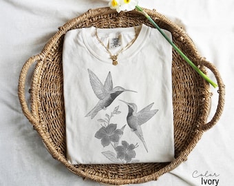 Comfort Colors® Cute Flower Hummingbird Shirt, Nature Lovers Tee, Trendy Women Gift, Cottagecore Birds and Flowers Shirt, Bird Gift