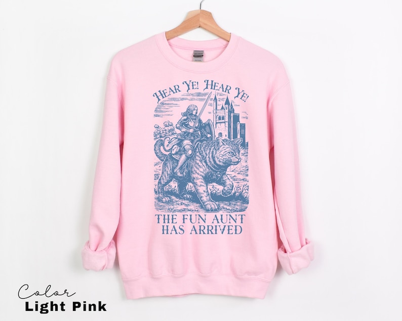 May include: Light pink sweatshirt with a blue graphic of a person riding a tiger, with the text "Hear Ye! Hear Ye! The Fun Aunt Has Arrived". The sweatshirt is hanging on a wooden hanger.