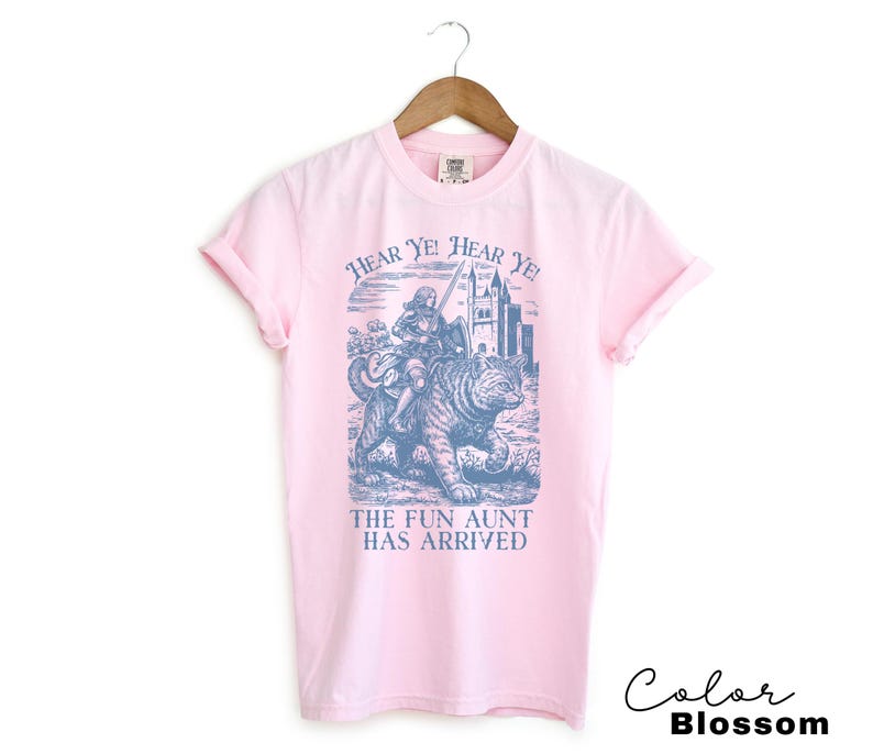 May include: A light pink t-shirt with a blue graphic of a person riding a tiger, a castle, and the text "Hear Ye! Hear Ye! The Fun Aunt Has Arrived." The shirt is hanging on a wooden hanger.