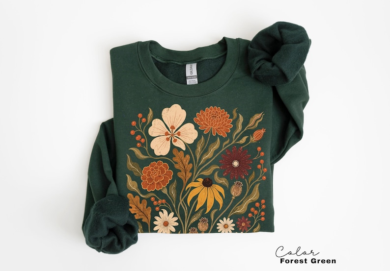 Sudadera floral otoñal, jersey vintage botánico de cuello redondo, jersey otoñal en tonos tierra, ropa rústica para amantes de la jardinería. Forest