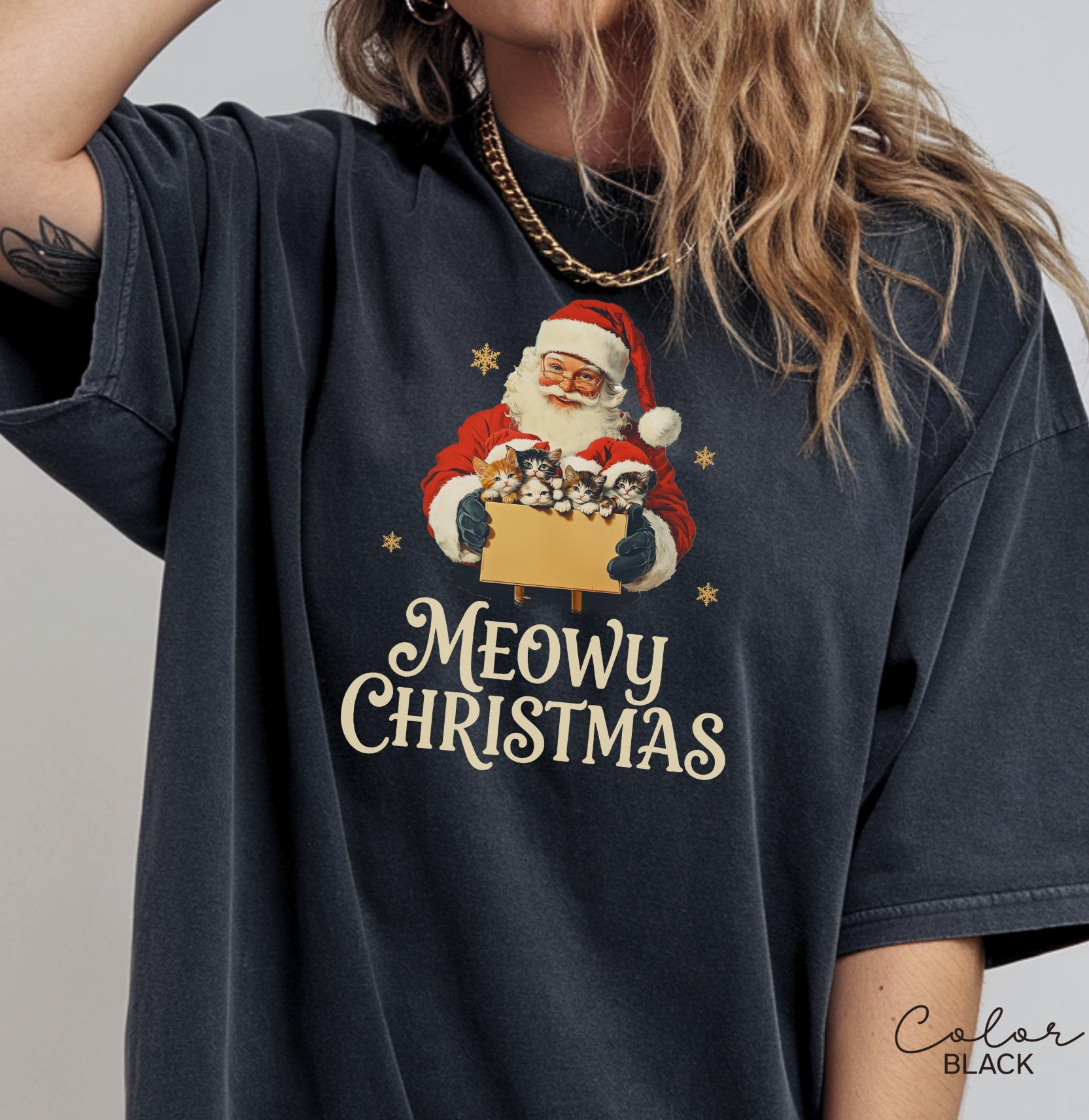 廃盤Keep Silent Tシャツクリスマスシリーズ レトロなクリスマス猫サンタシャツ、ニャーのクリスマスギフト、メリー