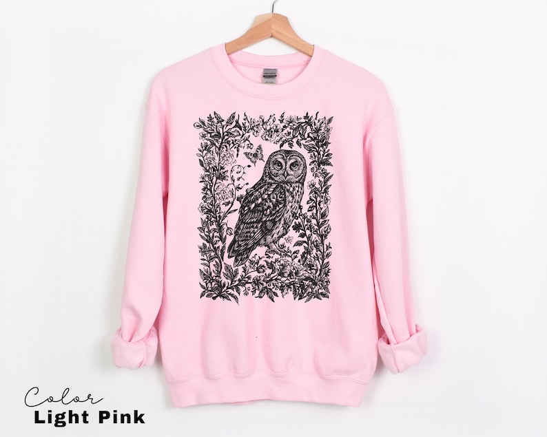 May include: Light pink sweatshirt featuring a detailed black and white illustration of an owl within a floral frame, with a butterfly accent. The text "Color Light Pink" is at the bottom. The long-sleeved top is displayed on a wooden hanger.