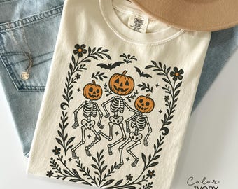 Camiseta retro de Halloween con esqueleto, estilo bohemio campestre, Halloween floral, extragrande, colores cómodos, camiseta de cuello redondo, fiesta de Halloween, espeluznante,