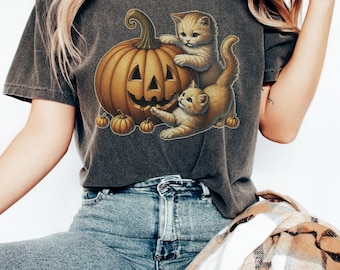 chemise d'Halloween chat vintage des années 90, chemise Halloween rétro, t-shirt de la saison fantasmagorique, chemise citrouille, chemise pour amoureux des chats, chemise chat noir, saison effrayante