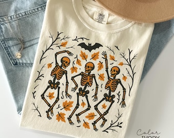 Camiseta retro de Halloween con esqueleto, estilo bohemio campestre, estampado floral de Halloween, talla grande, colores cómodos, cuello redondo, ideal para fiestas de Halloween y fiestas de Halloween.