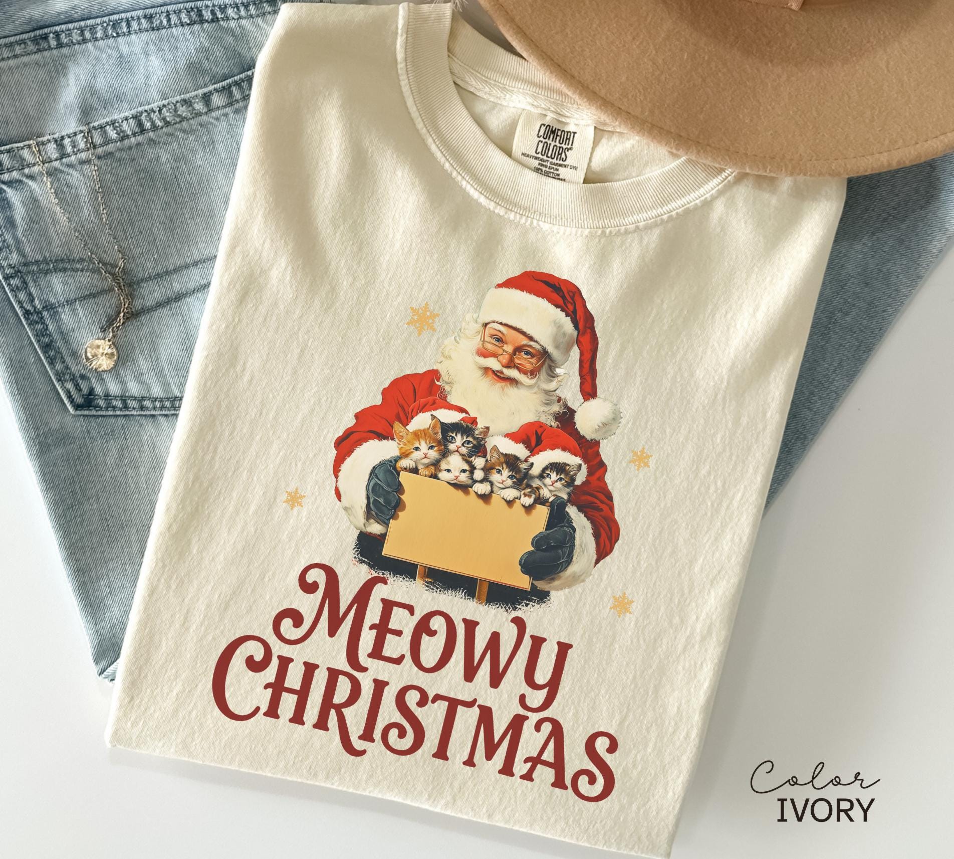 レトロなクリスマス猫サンタシャツ、ニャーのクリスマスギフト、メリー