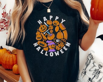 Camisa feliz de Halloween, linda camisa de Halloween, camisa de fiesta de Halloween, camisa de cuello redondo para mujer, regalo para Halloween,