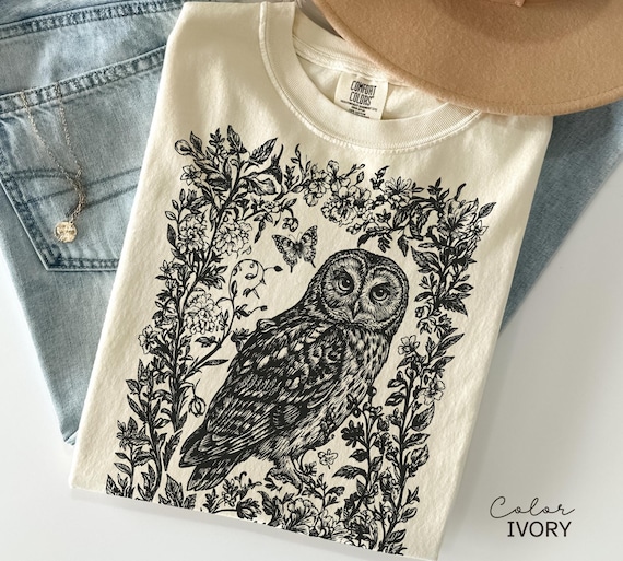 Cottagecore Owl Shirt, Cottagecore Floral Sweatshirt, Folk Art Forest Animal TShirt,  Woodland Aesthetic Top, Comfort Colors Tee, Boho Tee