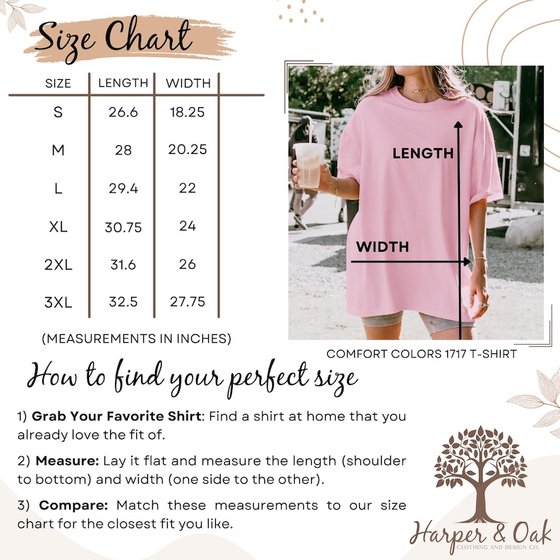 May include: A pink Comfort Colors 1717 T-shirt with a size chart and instructions on how to find the perfect size. The size chart shows measurements in inches for length and width, ranging from size S to 3XL.