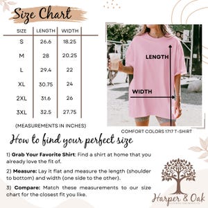 May include: Size chart for a pink t-shirt with measurements in inches. The chart shows the length and width of the shirt in different sizes, from S to 3XL. The chart also includes instructions on how to find your perfect size.