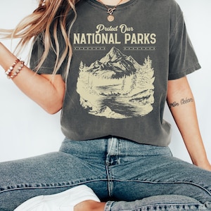 May include: A charcoal grey t-shirt with a vintage-style graphic of a mountain range, a lake, and trees. The text "Protect Our National Parks" is printed in a cream color on the shirt.