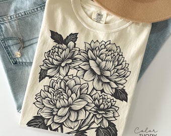 Sudadera vintage con estampado floral en linóleo, camiseta floral retro, camisa botánica boho cottagecore, estampado floral dark academia.