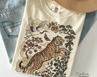 Maglietta retrò con tigre, regalo per gli amanti delle tigri, felpa con gatto selvatico, stile linoleografia, boho, cottagecore