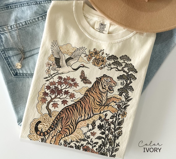 Retro Tiger T-Shirt,  Animal Gift for Tiger Lover, Wild Cat Sweatshirt, Linocut Style, Boho, Cottagecore
