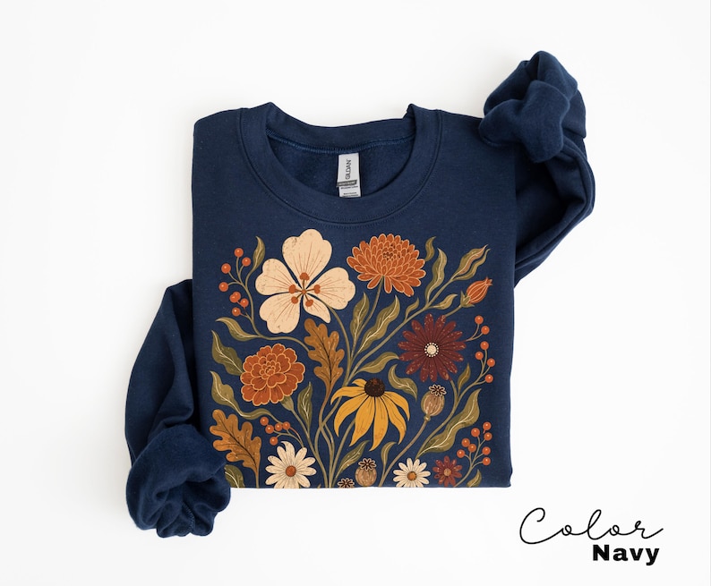 Sudadera floral otoñal, jersey vintage botánico de cuello redondo, jersey otoñal en tonos tierra, ropa rústica para amantes de la jardinería. Navy