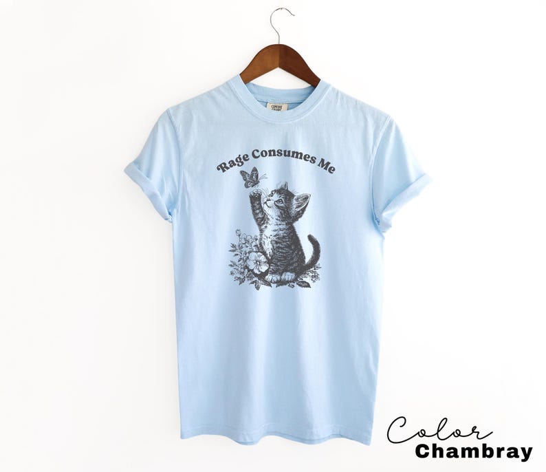 May include: Light blue t-shirt with a graphic of a kitten reaching for a butterfly. The text "Rage Consumes Me" is printed on the shirt.