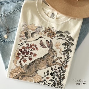 Retro Rabbit Shirt, Hare Smoking Pipe t-shirt, Folk Art Forest Animal TShirt,  Woodland Aesthetic Top, Comfort Colors