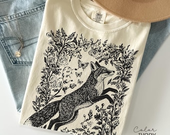 Cottagecore Fox Shirt, Wildflower Fox Sweatshirt, Folk Art Forest Animal TShirt,  Woodland Aesthetic Top, Comfort Colors Tee, Boho Crewneck
