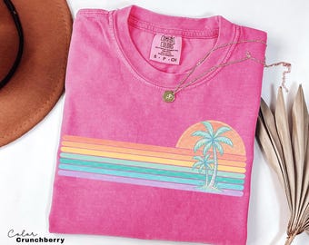 Retro Sun Summer Stripes Shirt, Comfort Colors Ocean Summer Tee, Beach Vacation Pastel Neon Sunshine Shirt