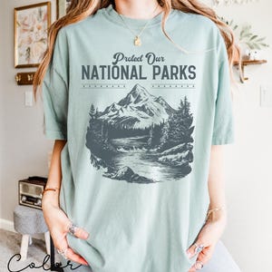 May include: A light blue t-shirt with a graphic of a mountain range and a river. The text "Protect Our National Parks" is printed on the shirt.