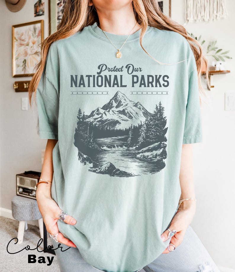 May include: A light blue t-shirt with a graphic of a mountain range and a river. The text "Protect Our National Parks" is printed on the shirt.