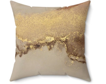 Double Sided Gold Brown Marble Pillow Cover, Marble Print Couch Accent, Home Decor, Size 14x14 Square, Zipper, Decor, Bedroom & Living room