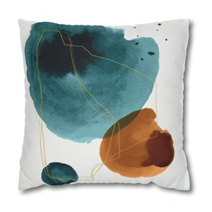 Abstract Art Pillow Case Teal White Brown Earth Tones Geometric Decorative Pillowcase Watercolor 14x14 Square Design Accent Case with Zipper