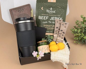 Gift Box for Men, Men's Gift Box with Tumbler, Coffee, Jerky, Notebook, Pen & Candle | Work From Home Set Hug In A Box | Best Friend Gift