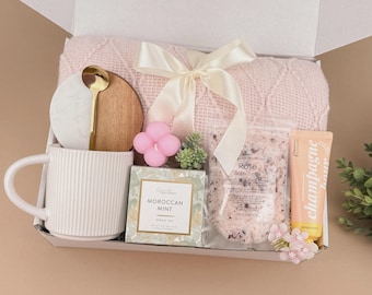 Self Care Package, Mom Gift Basket with Candle, Salt, Hand Cream | Cozy Self Care Set with Blanket Mug Spa Relaxation Gift Basket