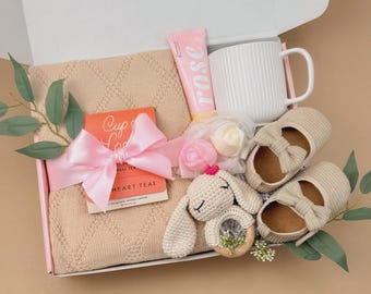 Baby Shower Gift Box for New Mom, Postpartum Care Package, New Mom Gift Basket, Welcome Baby Gift Bunny Rattle Blanket & Tea Hug in a Box