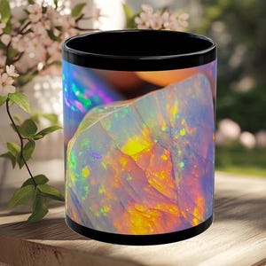 May include: A black ceramic mug with a colorful opal gemstone design. The opal has iridescent colors of blue, green, yellow, orange, and red.