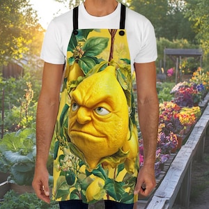 May include: A yellow apron featuring a grumpy lemon face design. The apron has black straps and a yellow background with lemon and leaf illustrations. The apron is worn by a person in a white t-shirt.