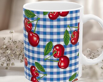 Cherry Gingham Ceramic Mug, Cute Kitchen Decor, Gift for Fruit Lovers, Coffee Tea Cup, Summer Vibe, Home and Garden Decoration, Vintage