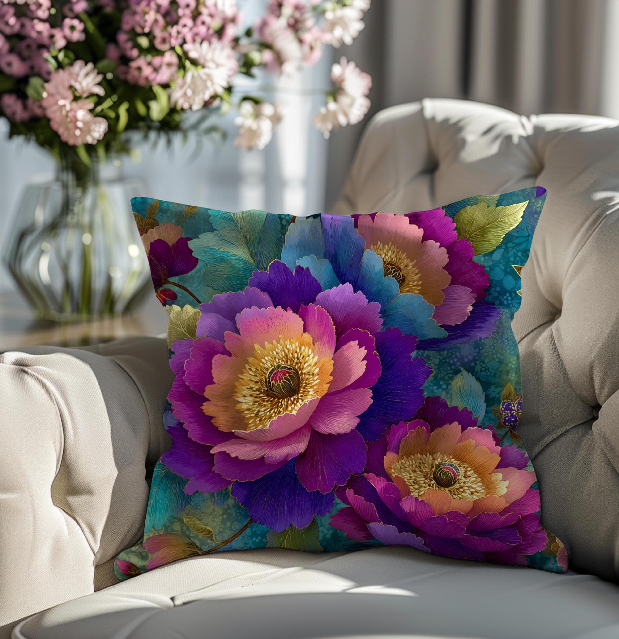 Vibrant Floral Throw Pillow: Boho Chic Home Decor, Cottagecore Houseware