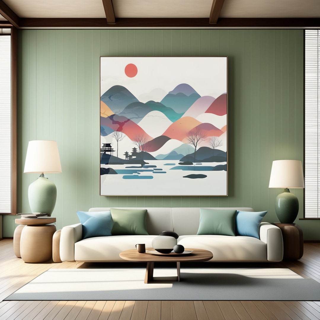 Japanese Mountain Lake Scenery Japandi Style Art Wabi Sabi - Etsy